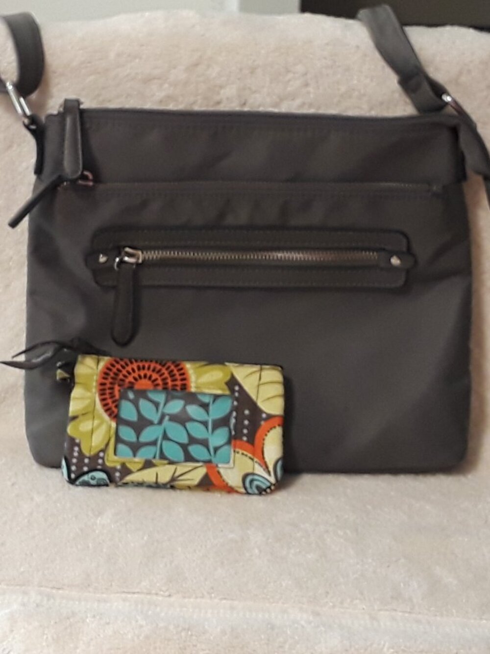 2 Pieces: Gray Nylon Crossbody Shoulder Bag 11x9 + Vera Bradley Zip ID Pouch